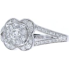 Elevate your style with the epitome of sophistication and elegance: the 14K White Gold Split Shank Diamond Ring. This exquisite piece features a dazzling diamond as its centerpiece, boasting a total weight of 0.88 Carats. Set in luxurious 14K white gold, the brilliance of the diamond is accentuated by the sleek, contemporary design of the split shank band. Whether worn as a symbol of everlasting love or as a statement of individual style, this ring exudes timeless beauty and refined craftsmanship. It's the perfect choice for those who appreciate the finer things in life and seek to make a lasting impression with their jewelry collection.Details: Exquisite Estate Jewelry: Handpicked from history, this pre-owned piece is a treasure of extraordinary rarity and charm. This unique, one-of-a-kin Luxury Cluster Cut Diamond Ring, Luxury Cluster Diamond Ring, Luxury Cluster-cut Diamond Ring, Formal Halo Ring With Pave Setting, Formal Pave Setting Diamond Ring, Elegant Diamond White Halo Ring With Prong Setting, Formal Fine Jewelry Diamond Ring With Pave Setting, Luxury Diamond White Brilliant Cut Halo Ring, Luxury Brilliant Cut Diamond White Halo Ring