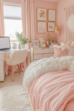 a bedroom decorated in pink and white with fluffy bedding, pillows, rugs and pictures on the wall