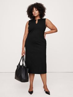 This tailored midi dress uses our Everywhere Ponte fabric, engineered with special stretch fibers for a smooth and supportive fit.  Here, we chose a column silhouette and a notch-neck so you can easily dress it up or down as your schedule requires.  Column fit.  Sustainability: Made with Birla Livaeco™ viscose, a fiber derived from renewable wood resources and sourced from responsibly managed forests.  Birla Livaeco™ viscose is manufactured using a stringent closed-loop process that significantly reduces carbon emissions and water consumption as compared to generic viscose.  Crew neck with notch.  Side-seam pockets.  Center-back vent.  Unlined.  Column fit.  Sleeveless.  Midi length.  Model: Size S, 5'10" (178cm). Water Consumption, Black Midi Dress, Carbon Emissions, Midi Length, Banana Republic, Cashmere, Midi Dress, Style Inspiration, Crew Neck