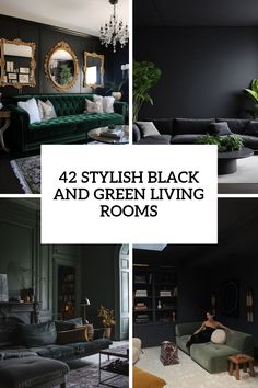 stylish black and green living rooms Green Couch Dark Walls, Green Couch Black Rug, Black Silver And Green Living Room, Green Sofa Black Rug, Green Black Room Ideas, Green Living Room Black Sofa, Black Wall Green Couch, Green And Black Lounge, Black And Green Sunroom