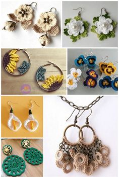 crochet patterns for earrings and pendants are featured in this series of photos