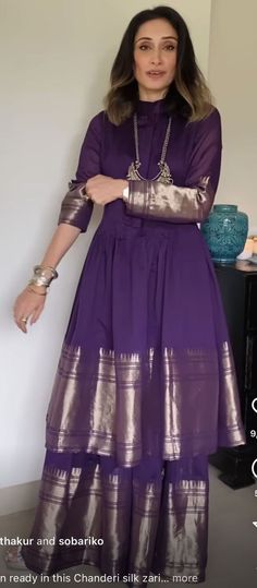 Kanjivaram Suit Designs, Braso Saree Dress Design Ideas, Old Gown Reuse Ideas, Anarkali Dress Design From Saree, Sangeet Wear Women, Saree Ke Dress Design, Saree To Anarkali Dress, Dress With Saree Material, Silk Long Dress Indian Style