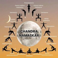 yoga poses in front of the moon with words describing their positions and names on it