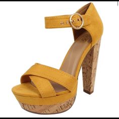 Brand New Never Worn Yellow Cork Heels. Super Cute And Comfortable Urban Outfitters High Heels For Spring, Chic High Heel Heels By Urban Outfitters, Chic Urban Outfitters High Heels, Yellow Heels With 4-inch Heel For Spring, Yellow Closed Toe Sandals With 4-inch Heel, Spring Yellow Heels With 4-inch Heel, Yellow Heels With Ankle Strap And 4-inch Heel, Urban Outfitters Shoes, Yellow 4-inch Heel Synthetic Heels