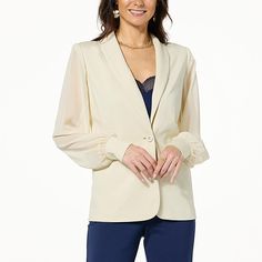 Colleen Lopez Chiffon Sleeve Ponte Knit Blazer   For an elevated take on a classic style, this mixed media ponte knit blazer goes the extra mile. Elegant Stretch Long Sleeve Blazer, Elegant Long Sleeve Stretch Blazer, Elegant Stretch Blazer With Long Sleeves, Elegant Stretch Solid Color Blazer, Elegant Stretch Blazer For Business Casual, Elegant Cream Outerwear For Layering, Chic Beige Blazer For Layering, Fitted Beige Blazer For Layering, Elegant Tailored Blazer For Layering