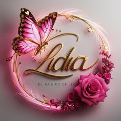 a pink rose and butterfly with the word lucia written in spanish