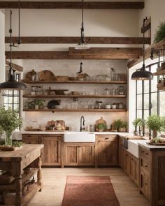 a kitchen with wooden cabinets and open shelves