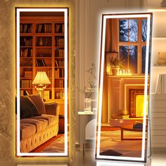 a living room filled with furniture and a large mirror in front of a fire place