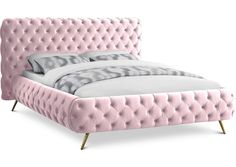 a bed with pink velvet upholstered headboard and foot board is shown in front of a white background