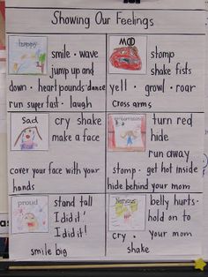 a bulletin board with words and pictures on it that say, showing our feelings to children