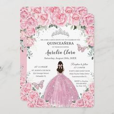 a pink princess birthday party with roses and butterflies on the front, and an image of a