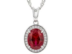 Bella Luce ® lab created ruby and white diamond simulant 2.32ctw oval and round, rhodium over sterling silver pendant with chain. Pendant measures approximately 0.75"L x 0.38"W and has a 2mm bail. Includes an 17.5"-18" singapore chain with a lobster claw closure and 2" extender. Silver Jewelry With Center Stone Lab-created Ruby, Silver Jewelry With Lab-created Ruby Center Stone, Oval Birthstone Jewelry In Cubic Zirconia, Oval Lab-created Ruby Jewelry In White Gold, Oval Lab-created Ruby In White Gold Jewelry, Classic Halo Setting Jewelry With Lab-created Ruby, Classic Oval Pendant Jewelry With Center Stone, White Gold Oval Lab-created Ruby Jewelry, Oval Lab-created Ruby Jewelry For Gifts