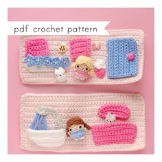 two crocheted items are displayed on a pink surface, one has a doll and the other is a baby's bed