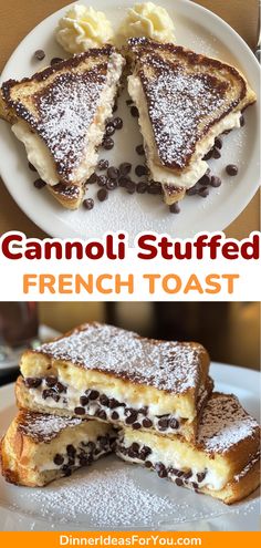 french toast with chocolate chips and powdered sugar on top is shown in this collage