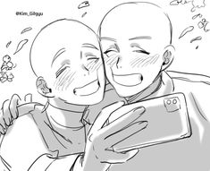 two people that are hugging each other and one is holding a cell phone in his hand