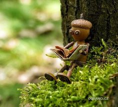 a small toy sitting on top of a tree next to a green moss covered ground