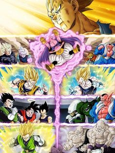 the dragon ball characters are all in different positions and sizes, with one being surrounded by other