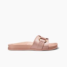 Women's Cushion Soho Cruz Slides in Cameo Rose | REEF® Leather Flip Flops Womens, Comfy Slides, Reef Sandals, Wide Width Shoes, White Leather Sneakers, Slides Women, Leather Flip Flops, Womens Slides, Slides Shoes