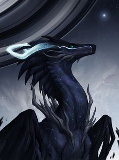 a black dragon sitting on top of a rock under a sky filled with stars