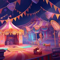 an animated circus scene with carousels, horses and other things in the background at night