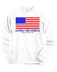 a white long sleeve shirt with the words gama phi beta and an american flag