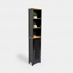 a tall black bookcase with two shelves on each side and a potted plant in the corner