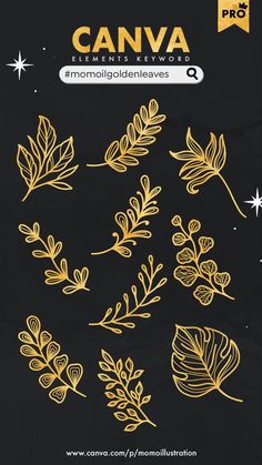 an image of gold leaves and stars on a black background with the words canva