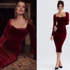 The Unspoken Elegance Of Our 'Solaine' Dress Makes You Feel Effortlessly Glamorous. It's Cut From Plush Stretch Velvet In A Deep Wine Hue And Fits Close Through The Body, Enhanced By The Fully Corseted Bodice For A Waist Cinching Effect. Just Love The Pretty Lace Trim To The Neckline And The Semi Sheer Mesh Sides For A Little Daring. The Long Sleeves And Midi Hem Are Ultra Flattering And 'Solaine' Is Fully Lined For A Smooth, Seamless Finish. It Zips Up The Back For Easy On. Where To Wear: Roman Wine Red Corset Dress, Velvet Corset Dress, Winter Cocktail Dress, Long Sleeve Holiday Dress, Champagne Bars, Red Corset Dress, Burgundy Bodycon Dress, Deep Red Dress, Velvet Corset