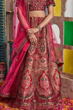 Red lehenga with woven swirl-jaal patterns, ascending to floral, lotus and jaal combination motifs. Comes with dori thread embroidered blouse, embellished by sequins. Paired with dupatta. - Aza Fashions Red Lehenga, Bridal Lehengas, Bridal Lehenga, Embroidered Blouse, Set For Women, Aza Fashion, Swirl, Lotus