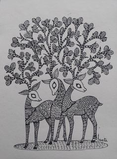 two deers standing under a tree with leaves on their heads, one is holding the other