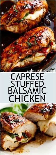 grilled chicken with sauce and balsamic on the side is shown in three different pictures