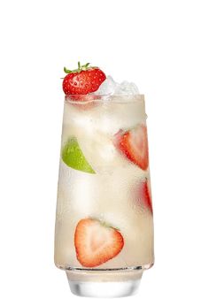 a tall glass filled with ice and strawberries