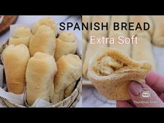 a person is holding a bread roll in front of some other food items and the words, spanish bread extra soft