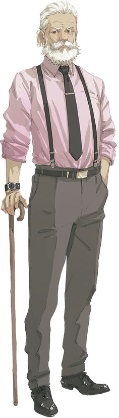 an old man with a cane and pink shirt