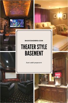 a collage of photos with the words theater style basement