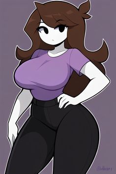 a drawing of a woman in purple shirt and black pants with her hands on her hips