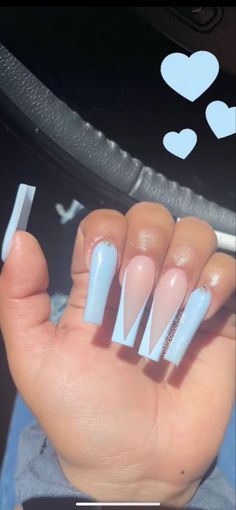 Cute Sky Blue Nails, Simple Blue Nails Coffin, Medium Blue Nails Acrylic, Light Blue 15 Nails, Sweet 16 Blue Nails, Baby Blue And White Nails Designs, Blue Acrylic Nails Simple, Light Blue Nails With Design Long, Light Blue French Tip Nails With Initial