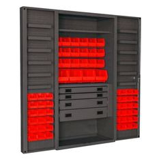 an open storage cabinet with drawers and red bins