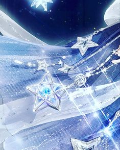 an artistic image of stars and diamonds on a blue background with snow flakes in the foreground