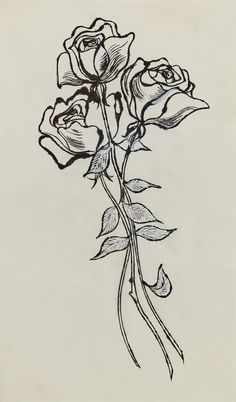 a drawing of three roses on a white paper with black ink and some green leaves