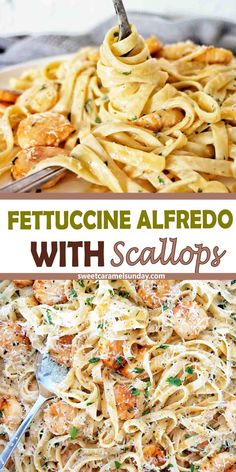 a plate of fettuccine alfredo with scallops and shrimp on the side