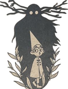 an illustration of a man with a hat and coat standing in front of a giant black creature