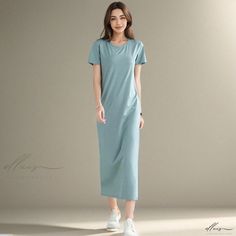 Elluis - Contemporary Knee-Length Short Sleeve Dress with Loose-Fit, Elegant High Neckline - Perfect for Layering with Long Shirt Dress Casual Full Length Dress In Solid Color, Casual Full-length Solid Dress, Casual Solid Full-length Dress, Casual Solid Color Full Length Dress, Casual Solid Color Full-length Dress, Solid Full Length Spring Dresses, Solid Full-length Spring Dresses, Solid Long Dresses For Daywear, Solid Long Maxi Dress For Daywear