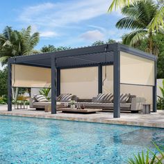 a swimming pool with lounge chairs and umbrellas next to it