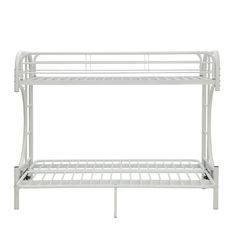 a white metal bunk bed with two shelves on the bottom and one shelf below it