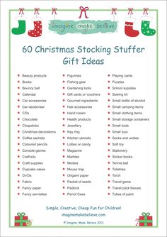 the christmas stocking stuff list is shown in green and red with stockings on it