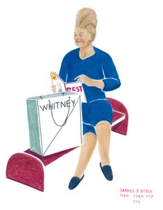 a drawing of a woman sitting on top of a chair holding a sign that reads, whitiney