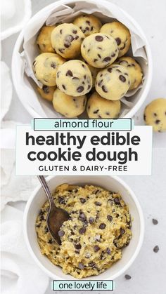 two bowls filled with cookies and muffins next to each other