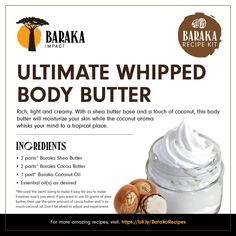 Ultimate Whipped Body Butter Recipe Kit - Baraka Impact Whipped Body Butter Recipe, Diy Body Butter Recipes, Body Butter Recipe, Diy Coconut Oil, Homemade Body Butter, Diy Body Butter, Coconut Benefits, Body Butters Recipe, Butter Recipes