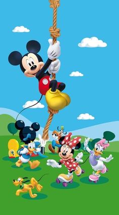 mickey mouse is hanging from a rope with other cartoon characters